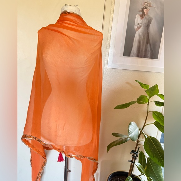 Vintage Moroccan Orange Sheer Scarf wrap sarong with Tassels - Picture 1 of 9